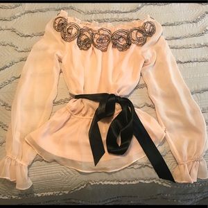 Pink Blouse with Black Ribbon
